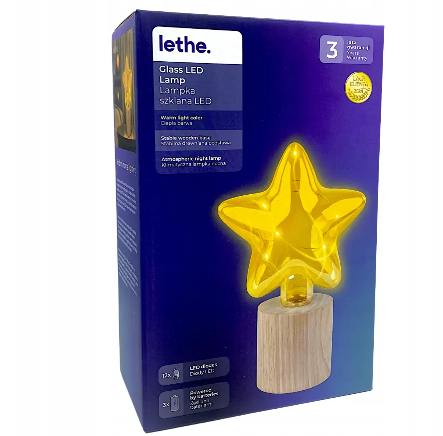 Lethe Lampka szklana LED GWIAZDA ZŁOTA 12 diod ciepła barwa