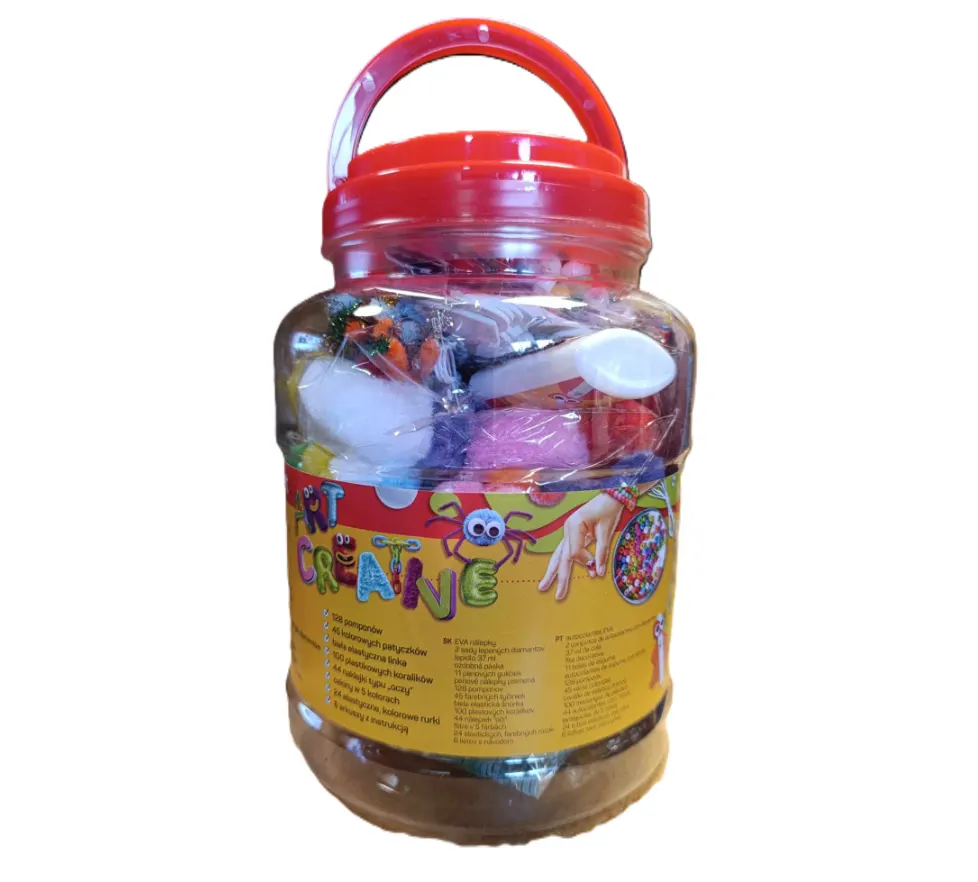 KREATYWNY SŁOIK 14w1 Zestaw dla dzieci Naklejki, pompony, koraliki, klej